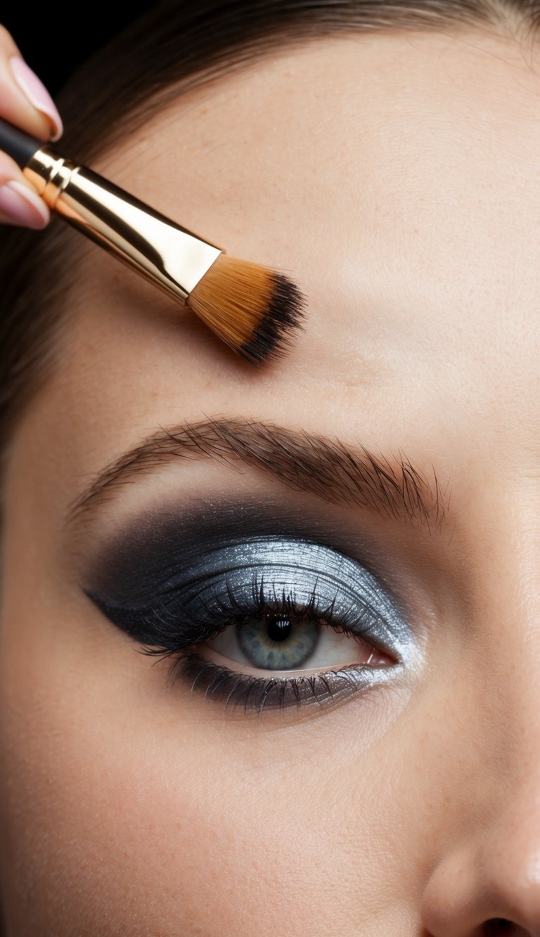 A makeup artist applies multiple layers of under eye shadow using precise brush strokes on a model's closed eyelid