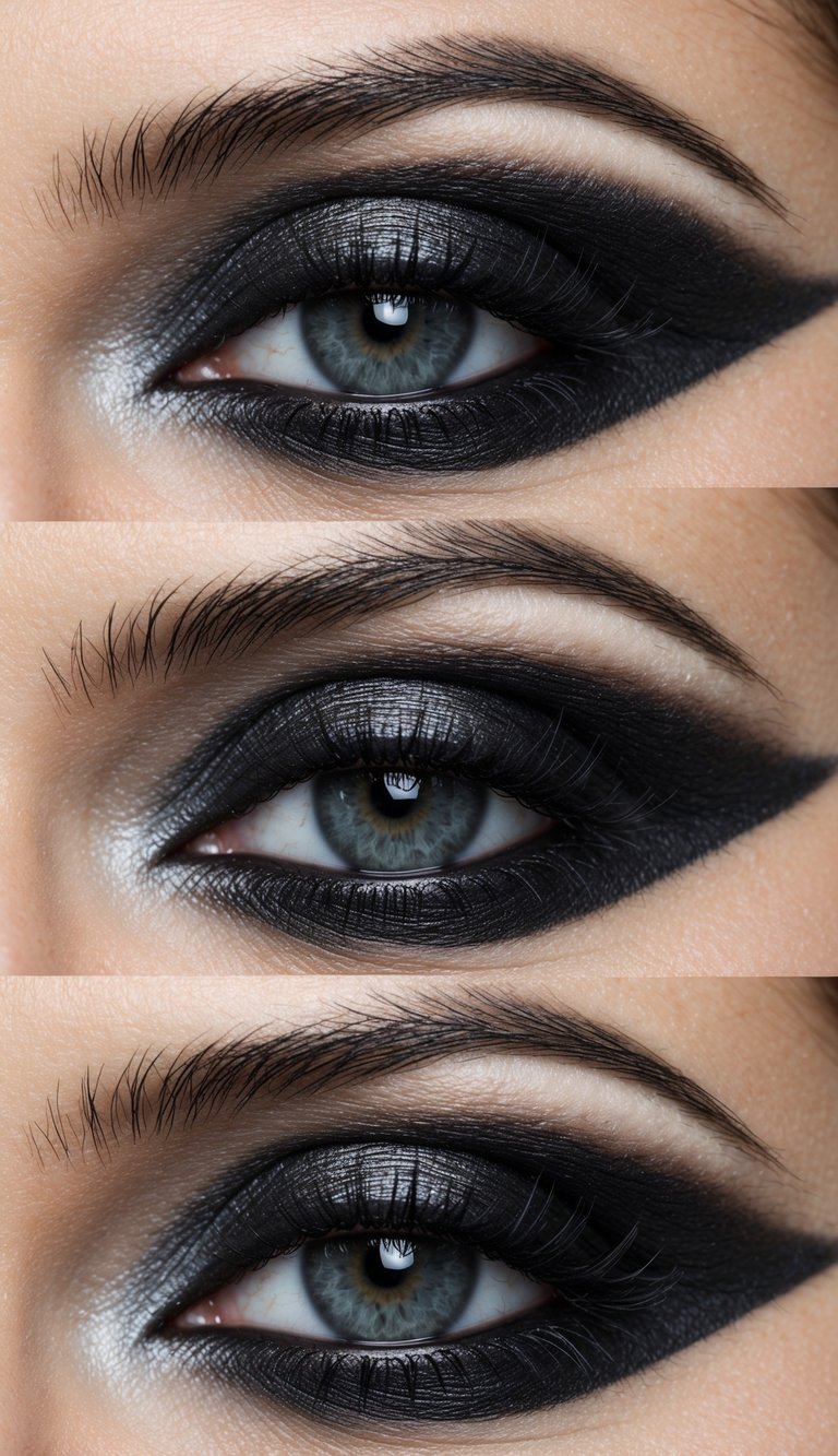 A close-up of a smoky under eye makeup look with blended eyeshadow in shades of grey and black, creating a sultry and dramatic effect
