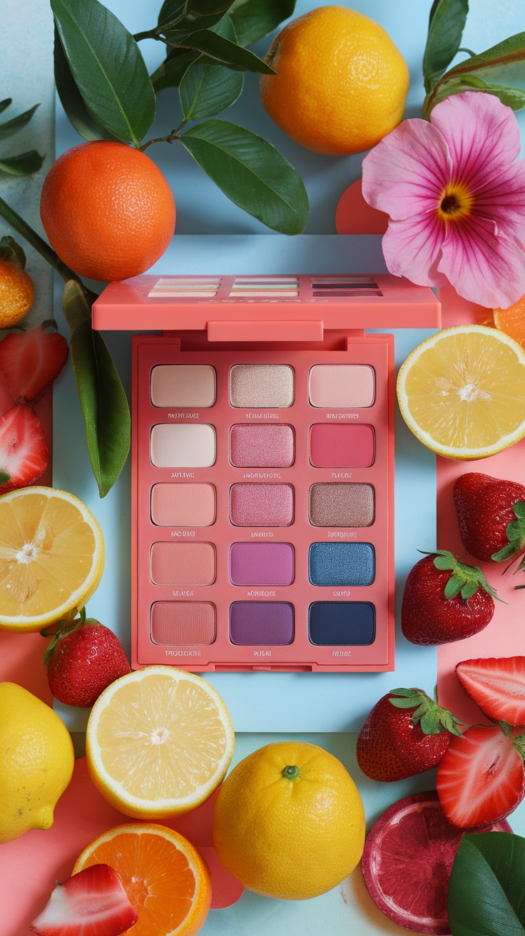 Pink eye shadow palette with vibrant coral hues surrounded by fruits
