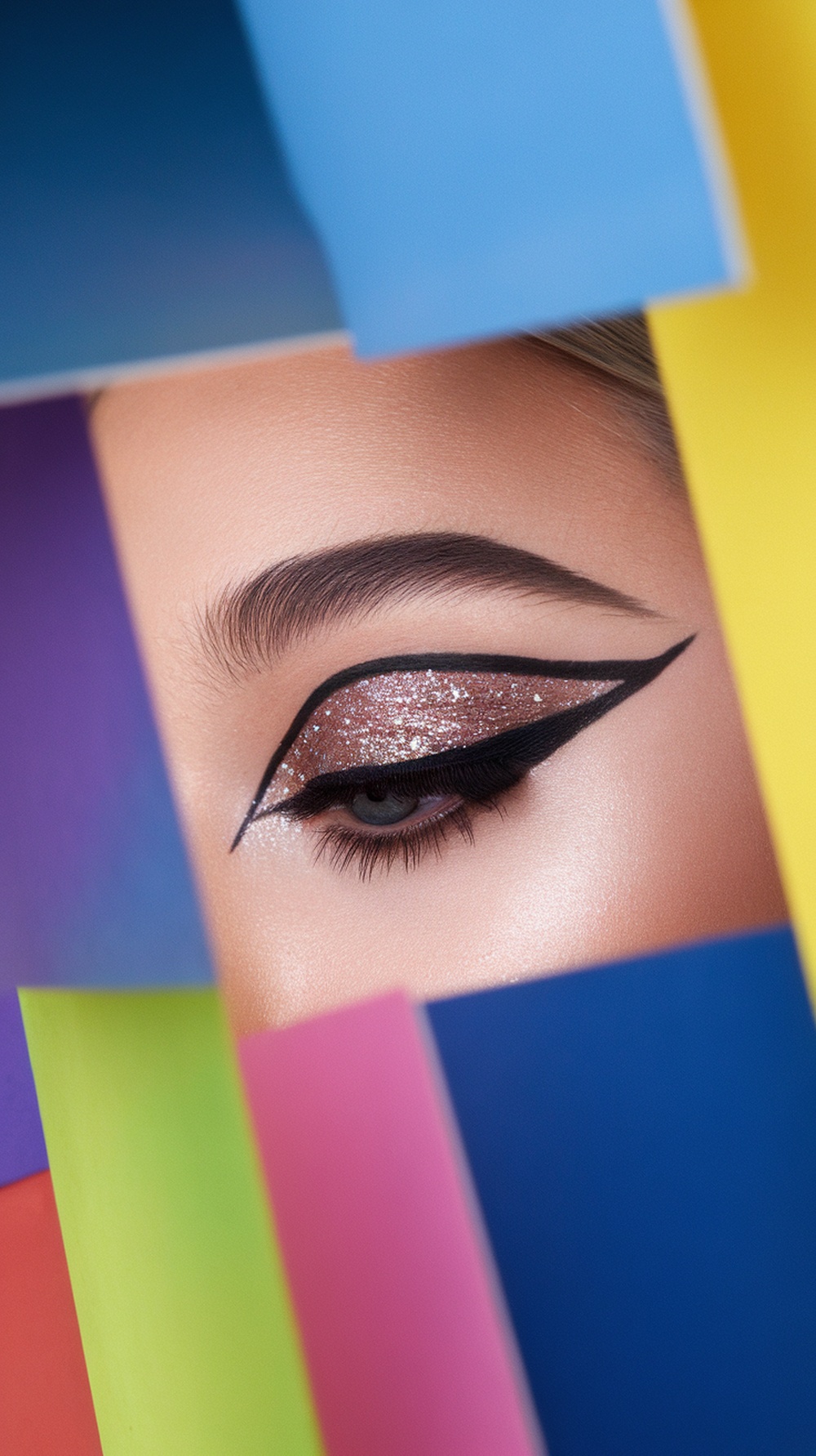 An eye showcasing glitter eyeshadow and graphic eyeliner with colorful backgrounds.