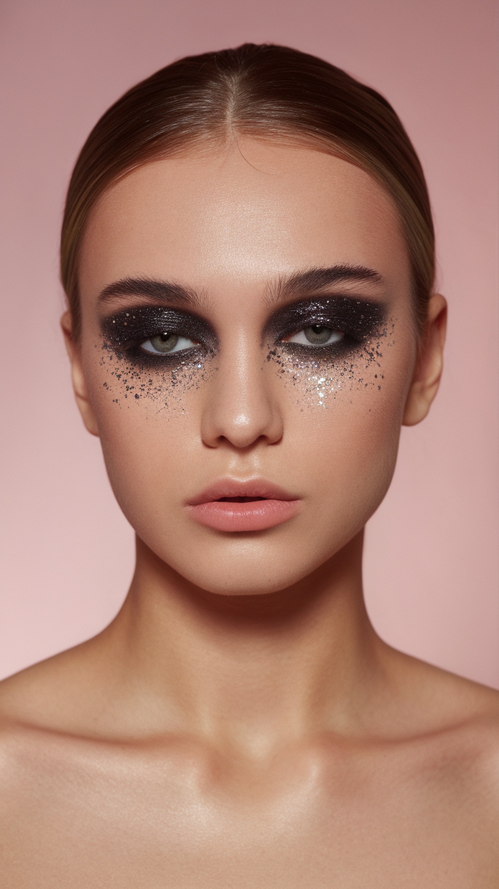 A model showcasing a smoky eye with glitter eyeshadow, featuring dark shades and sparkling accents.
