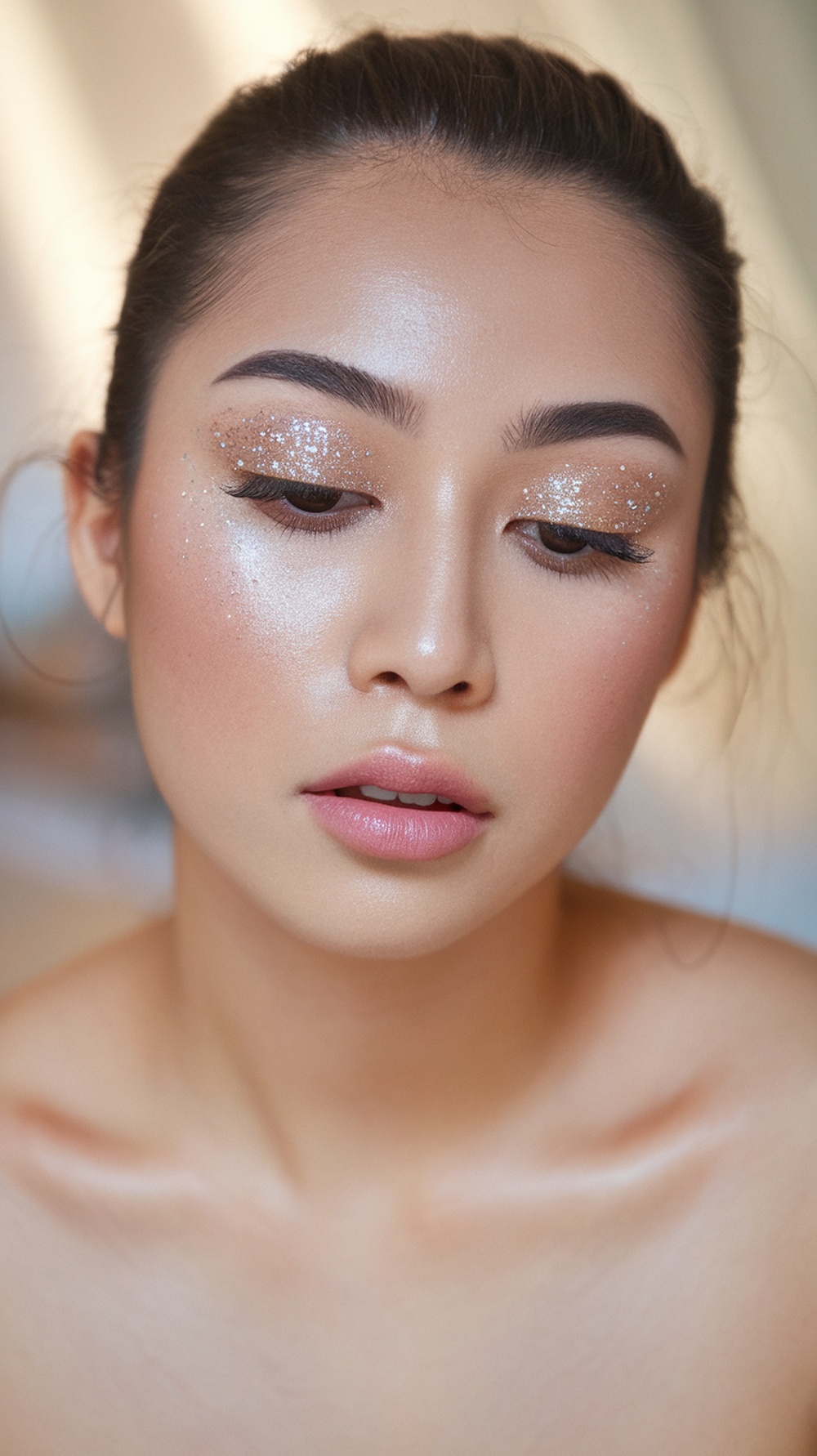 Close-up of a woman with subtle glitter eyeshadow and a natural makeup look.