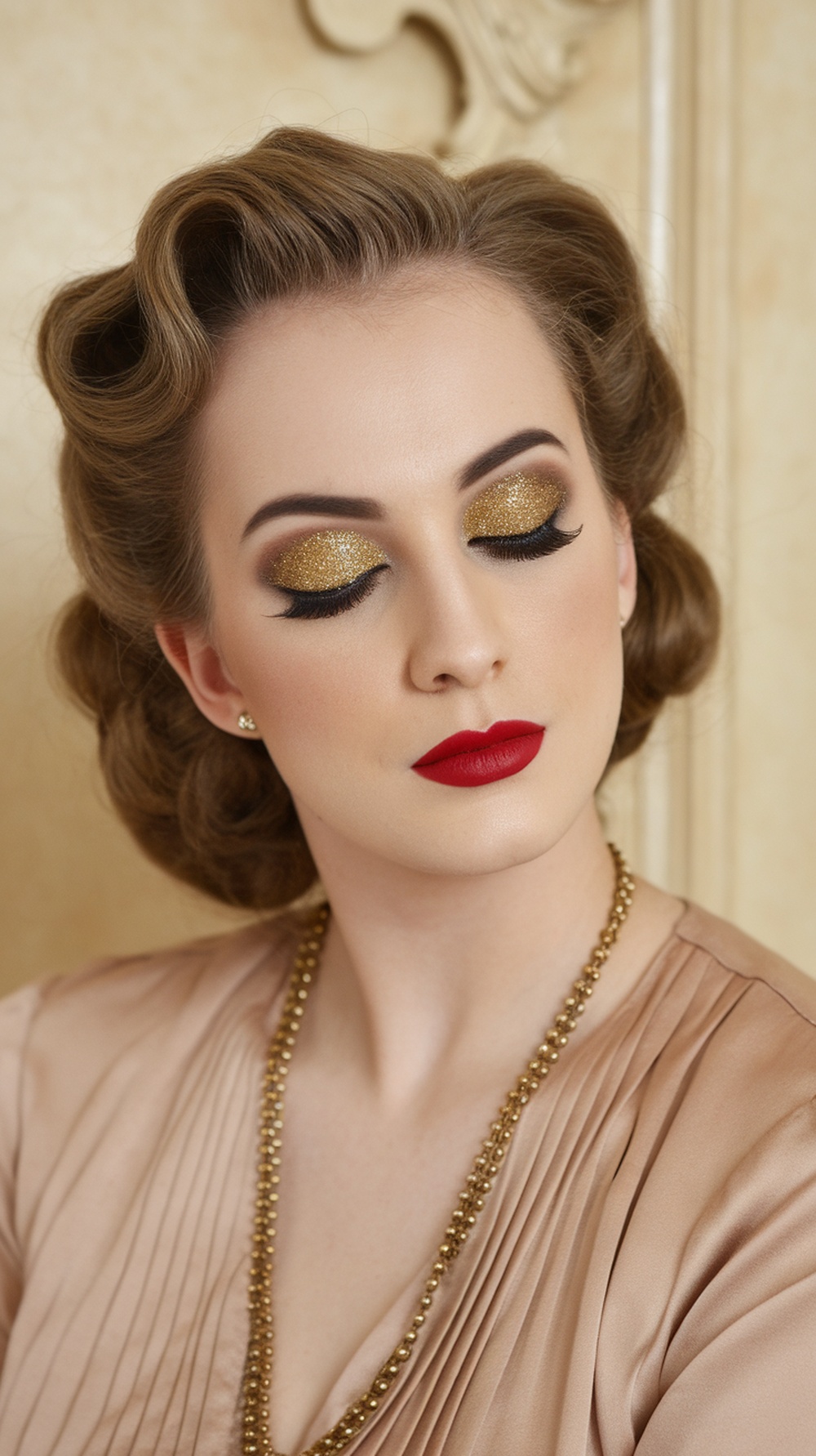 Vintage inspired makeup look featuring gold glitter eyeshadow and bold red lips