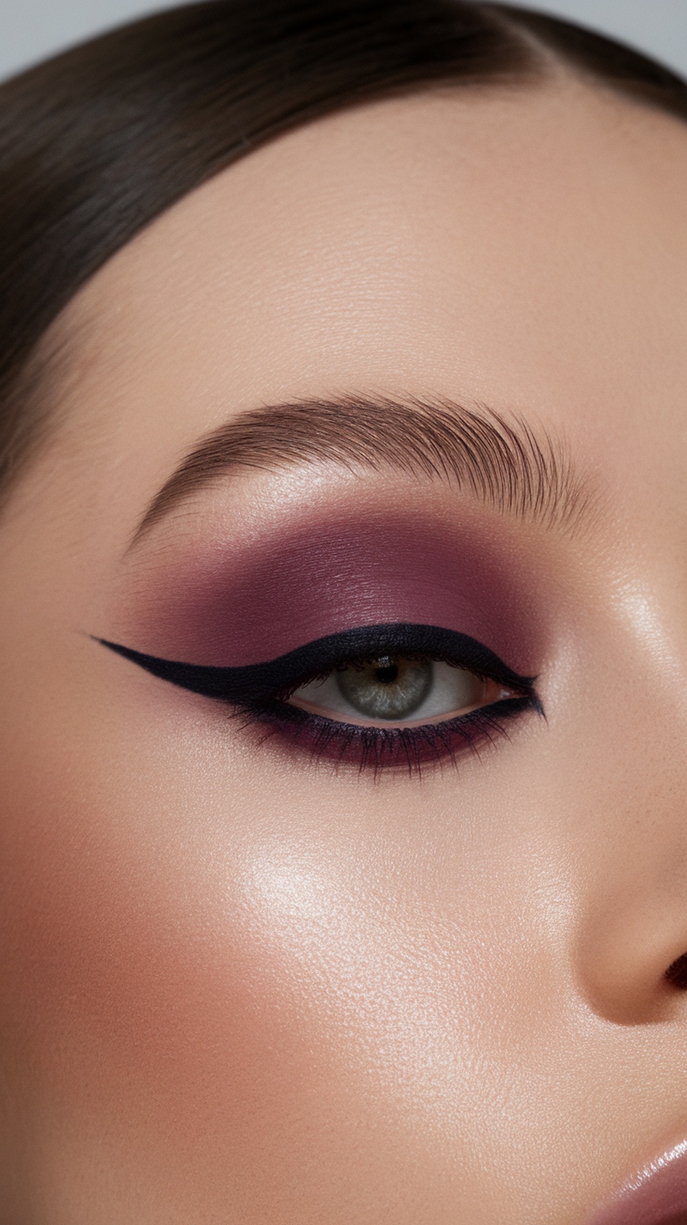 Close-up of a bold plum cat eye makeup look featuring purple eye shadow and a dramatic winged eyeliner.
