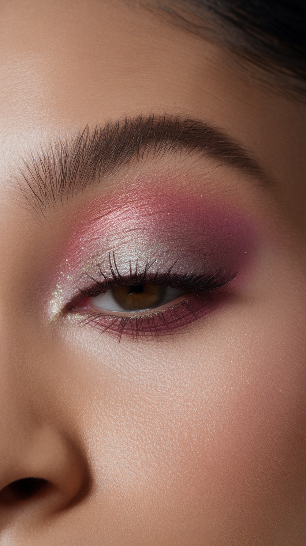 Close-up of an eye showcasing iridescent orchid eye shadow with a soft blend.