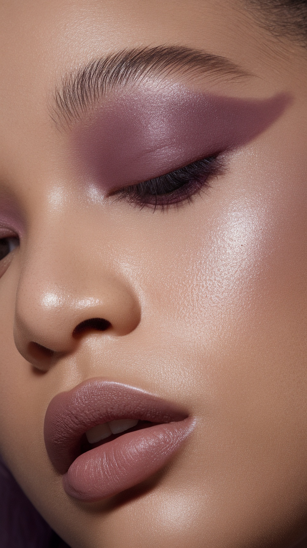 Close-up of a model wearing matte purple eye shadow and nude lips.