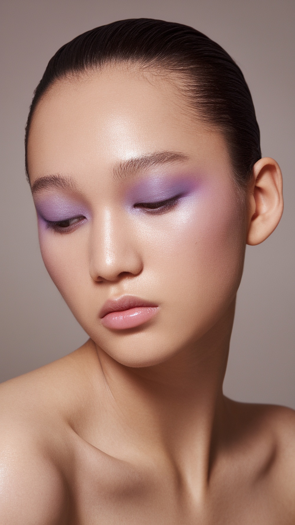 Model showcasing a pastel purple gradient eye makeup look