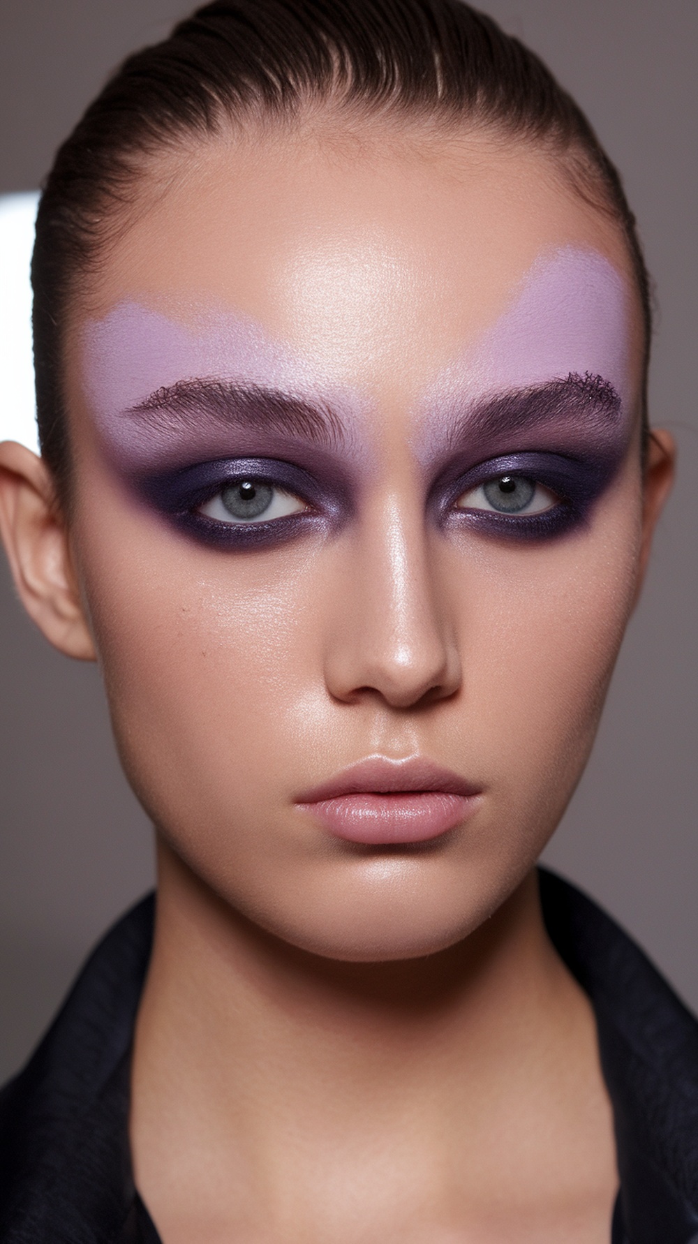 Model showcasing a violet smoky eye makeup look.